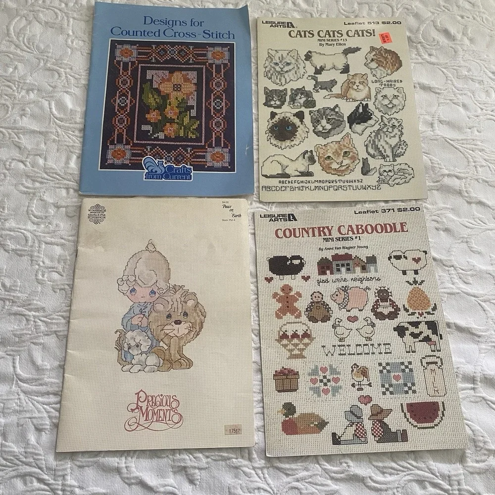 Cross Stitch LOT 4‎ Pattern Books Leaflets VTG 80s Cats Country Animals Florals